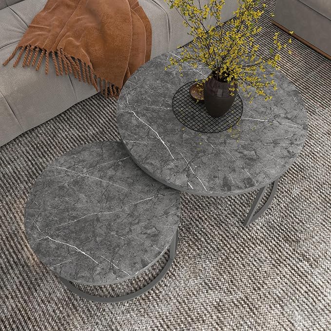 Nesting Coffee Table Set of 2, 31.5" Round Coffee Table Wooden Marble Pattern Accent Furniture, Industrial End Table for Living Room Bedroom Balcony (Gray/Gray)