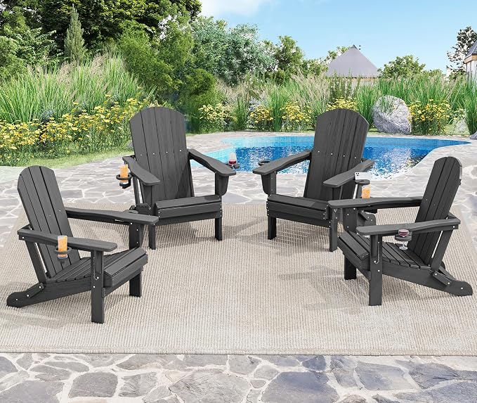 SERWALL Foldable Adirondack Chair Set of 6, HDPE Adirondack Chair with Wood-Texture-Gray - Image 2