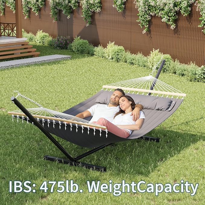 Double Hammock with Stand for 2 Person, Outdoor Freestanding Hammock Bed with 475lb Capacity - Heavy Duty Steel Frame, Quilted Pillow & Portable Carry Bag, Easy Assembly, Dark Gray - Image 6