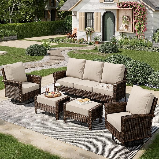 5-Piece Wicker Patio Furniture Set with Swivel Chairs, High Back Outdoor Furniture with 5.5-inch Thick Cushion and Ottoman, All-Weather Wicker Patio Conversation Set for Deck Yard Pool, Beige