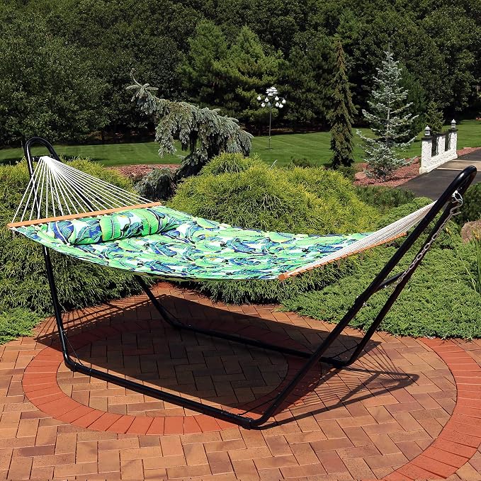 Sunnydaze Quilted Double Hammock for Outside with Spreader Bars and Pillow - 450 lb Capacity, 74x55 Inch Bed, UV Resistant, Quick Dry - Chains Included, Stand Sold Separately - Exotic Foliage - Image 2
