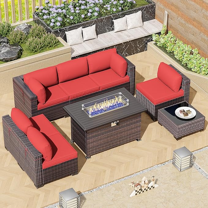 8 Pieces Outdoor Patio Furniture Set,Outdoor Sectional Furniture with 43" 55000 BTU Gas Propane Fire Pit Table,All Weather PE Rattan Wicker Patio Conversation Set,Red
