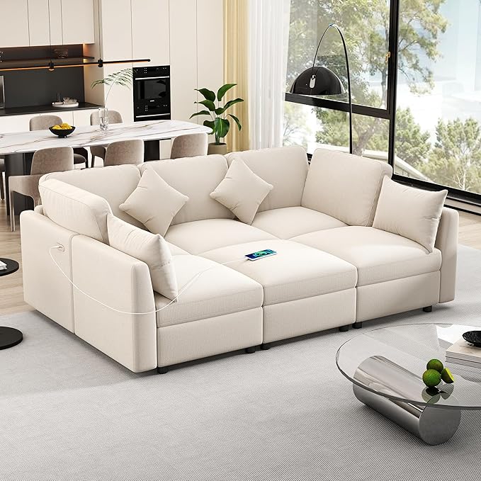 6 Seater Reversible Modular Sectional Sofa Convertible Sleeper Couch Bed , Free Combination Chenille Upholstered Corner Sofa&Couches with USB Ports and Detachable Cushions for Living Room Furniture