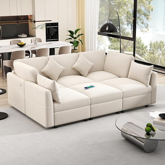 6 Seater Reversible Modular Sectional Sofa Convertible Sleeper Couch Bed , Free Combination Chenille Upholstered Corner Sofa&Couches with USB Ports and Detachable Cushions for Living Room Furniture