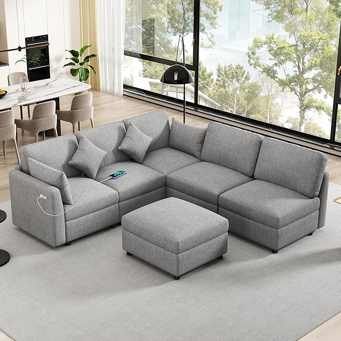 Eafurn 6 Seater Reversible Modular Sectional Sofa Convertible Sleeper Couch Bed, Free Combination Chenille Upholstered Corner Sofa Couches with USB Ports and Detachable Cushions (Light Gray)