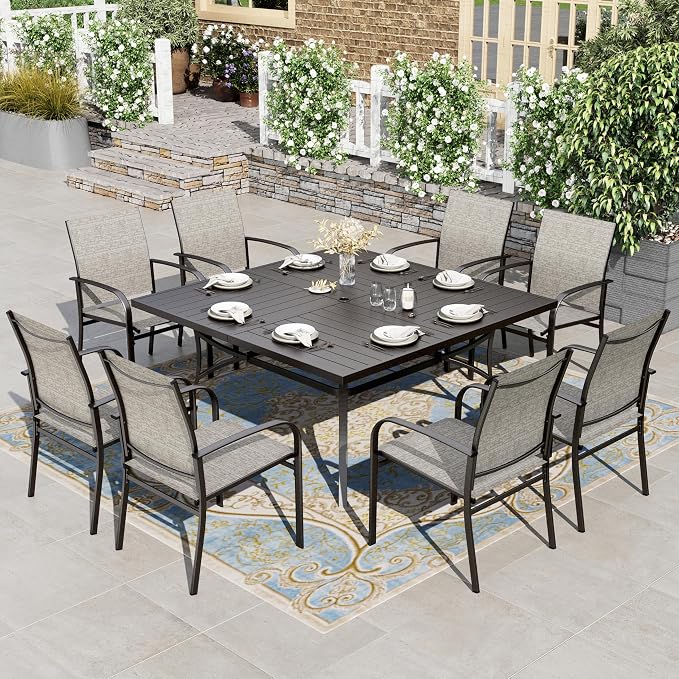 HERA'S HOUSE 9 Pieces Patio Dining Set, Outdoor Table and Chairs Set for 8, 8 x Brown Textilene Dining Chair and 60" Square Metal Dining Table, Outdoor Dining Sets for Lawn Garden Backyard Deck by HERASHOUSE