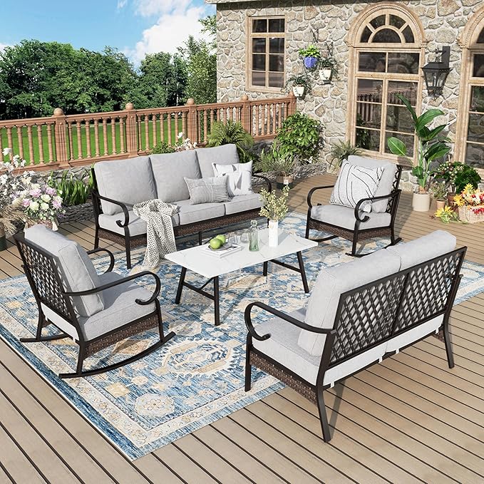 Patio Furniture Set with Coffee Table, Outdoor Conversation Set with 2 x Rocking Chairs, 1 x 2-Seat Sofa, 1 x 3-Seat Sofa for Lawn Garden Backyard, Light Grey
