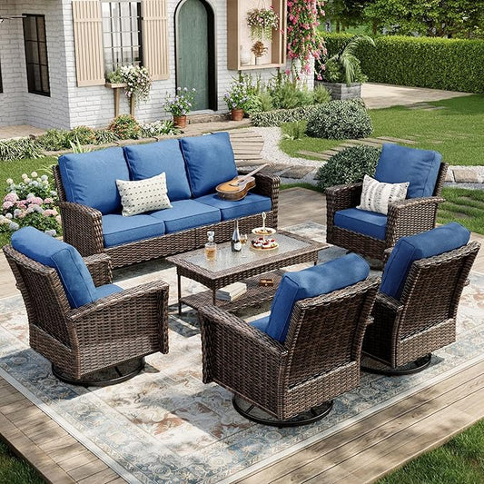 6-Piece Wicker Patio Furniture Set with Swivel Chairs, High Back Outdoor Sofa with 5.5-inch Thick Cushion, All-Weather Wicker Patio Conversation Set for Deck Yard Pool, Navy Blue