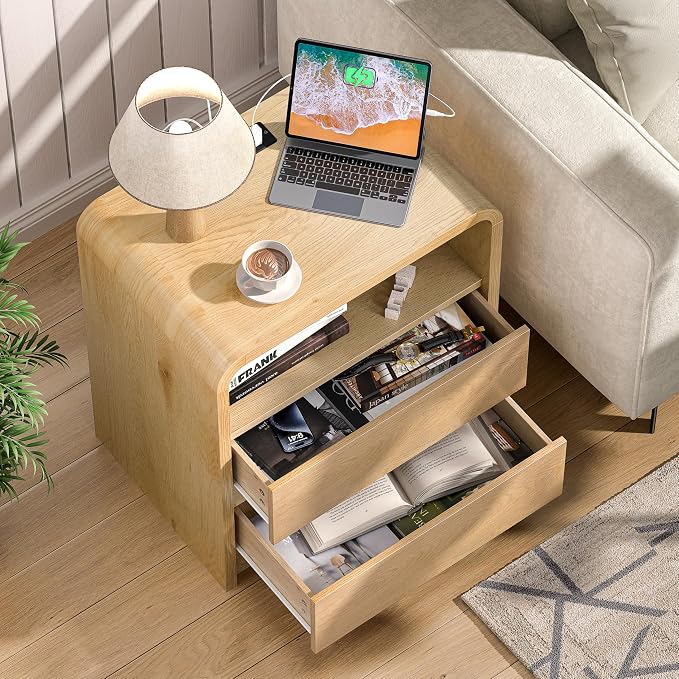Modern Night Stand with Charging Station, 25" Tall Wood Nightstand Bedside Table with 3 Drawers & USB Ports, Mid-Century End Table for Bedroom (2, Nature Smooth, 2 Drawers) - Image 6