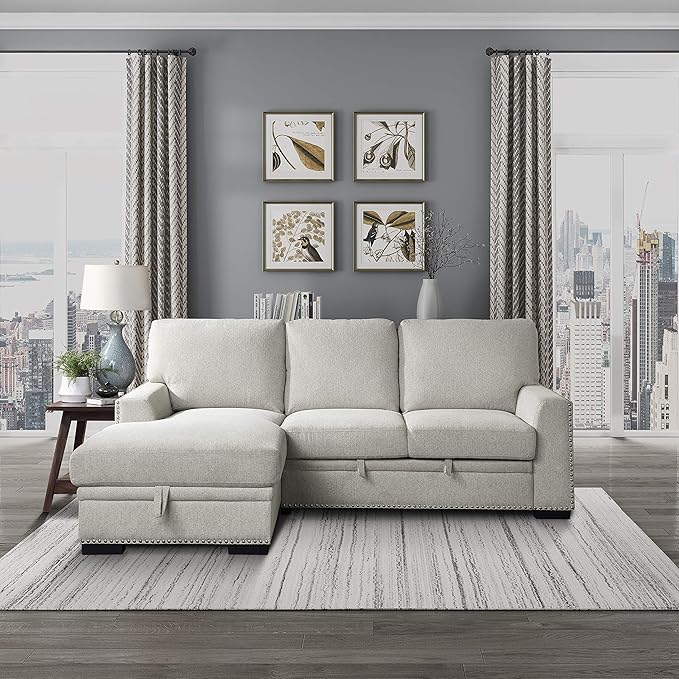 Lexicon Mid Century Modern Sectional Sleeper Sofa Bed Couch with Storage Chaise, Sectional Sofa Pull Out Couch Bed, Sectional Couch Lounge Sofa for Living Room Apartment, Left Side Chaise, Beige