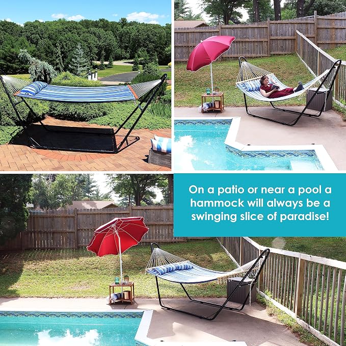 Sunnydaze Double Quilted Fabric Hammock with Universal Steel Stand - 450-Pound Capacity - Black Stand - Misty Beach - Image 9