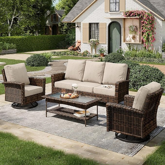 4-Piece Wicker Patio Furniture Set with Swivel Chairs, High Back Outdoor Sofa with 5.5-inch Thick Cushion, All-Weather Patio Table and Chairs Set for Deck Yard Pool, Beige