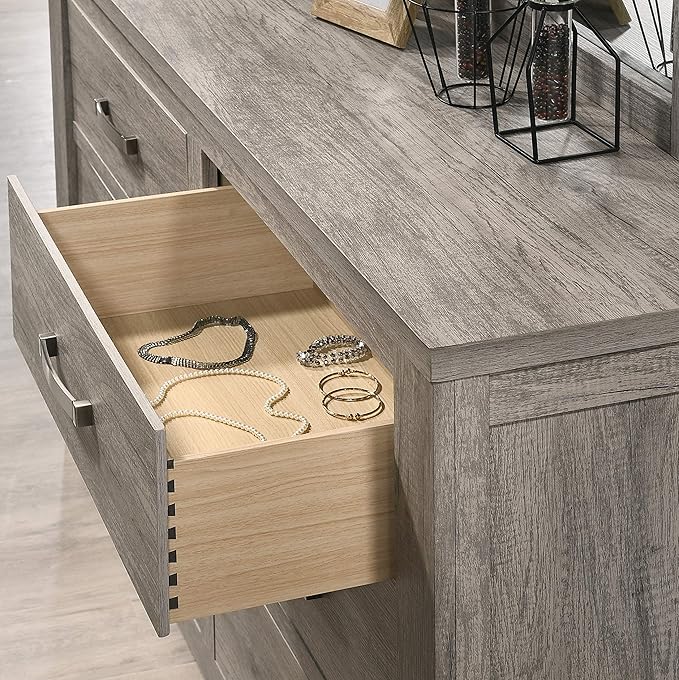 Roundhill Furniture Floren Contemporary Weathered Gray Wood Bedroom Set, Queen Panel Bed, Dresser, Mirror, Two Nightstands