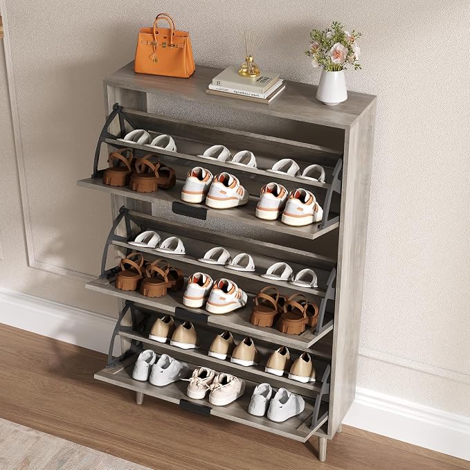 BORNOON Shoe Cabinet for Entryway with 3 Flip Drawers, Slim Wooden Shoe Storage Organizer with Modern Fluted Pannel，Freestanding Narrow Hidden Shoe Rack for Hallway, Foyer, Living Room - Image 3