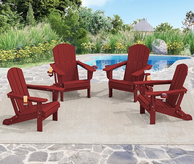 SERWALL Adirondack Chair with Cup Holders - Composite Adirondack Chairs HDPE Outdoor Chairs All Weather Use- Dark Red - Image 2