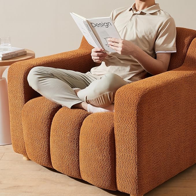 Modern Oversized Living Room Chairs, 40" Wide Boucle Accent Chairs with Deep Seat and Wooden Legs, Comfy Reading Arm Chair for Bedroom, Apartment, Orange
