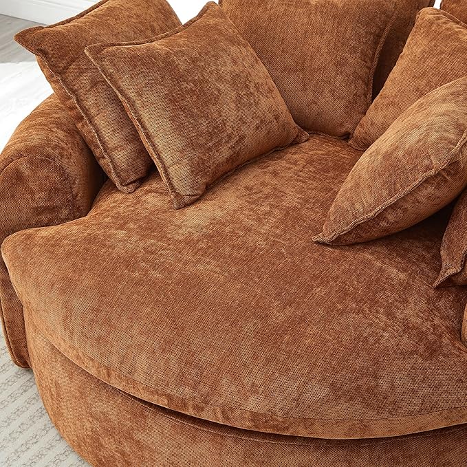 Merax 59.8" Full-Compressed Round Chaise Sofa, Boneless Loaf Style Chenille Upholstered Sofa Bed with 8 Throw Pillows for Living Room, Orange