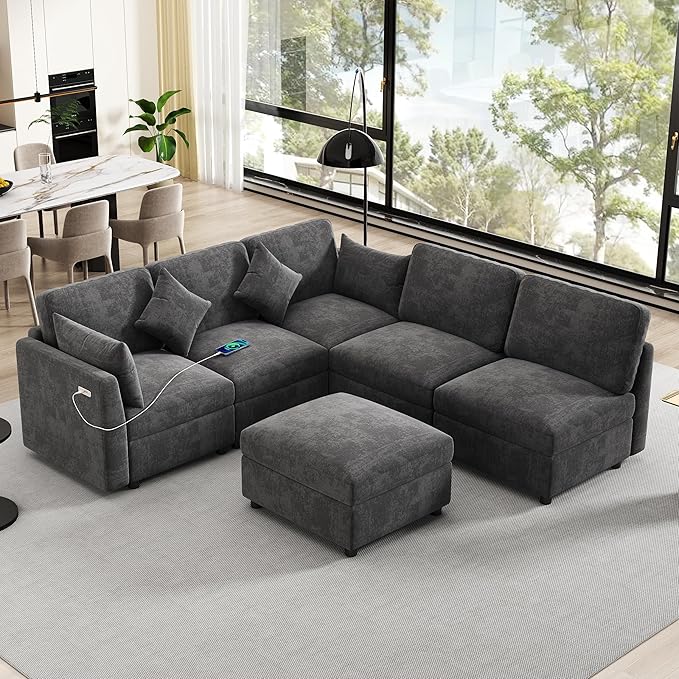 6 Seater Reversible Modular Sectional Sofa Convertible Sleeper Couch Bed , Free Combination Chenille Upholstered Corner Sofa&Couches with USB Ports and Detachable Cushions for Living Room Furniture