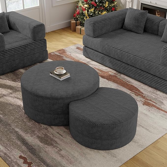 Nesting Coffee Table Set of 2, Round Corduroy Modular Sectional Sofa Stool Circle Foam Side Table for Living Room, Entryway and Small Spaces No Assembly (Dark Gray, 32"+17")