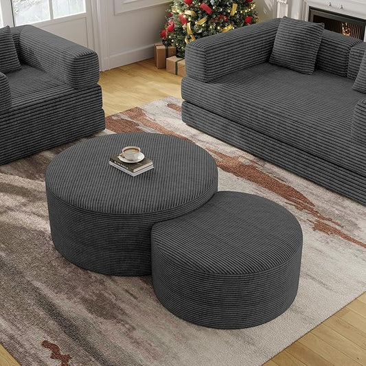 Nesting Coffee Table Set of 2, Round Corduroy Modular Sectional Sofa Stool Circle Foam Side Table for Living Room, Entryway and Small Spaces No Assembly (Dark Gray, 32"+17")