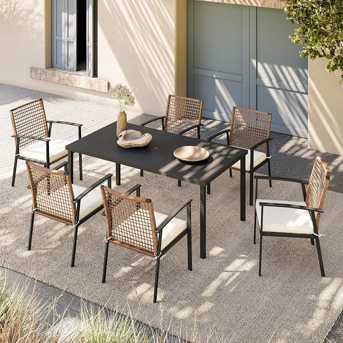 LAUSAINT HOME 7 Pieces Patio Dining Set, Outdoor Furniture Set of 6 Chairs with Soft Cushion and Iron Slats Table Top with Umbrella Hole, Conversation Set for Backyard, Garden and Poolside - Image 2