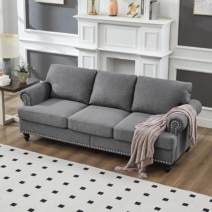 2 Pieses Living Room Sofa Sets Linen Fabric Couch and Loveseat with Nailhead Decor, Soild Wood Legs, Rolled Armrests & Storage ,2PCS Sofas 3 Seaters Couch and Love Seat for Living Room Furniture Sets