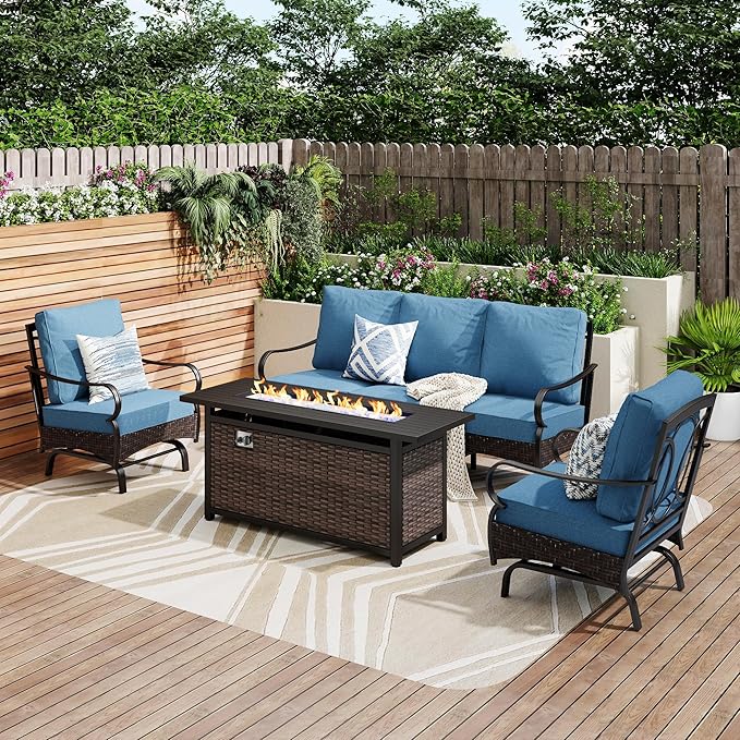 Patio Furniture Set with 56" Fire Pit Table, Premium Outdoor Wicker Metal Frame Furniture with Upgraded Waterproof Thick Cushions for Porch, Poolside, Deck, and Yard （4 Pieces,Navy