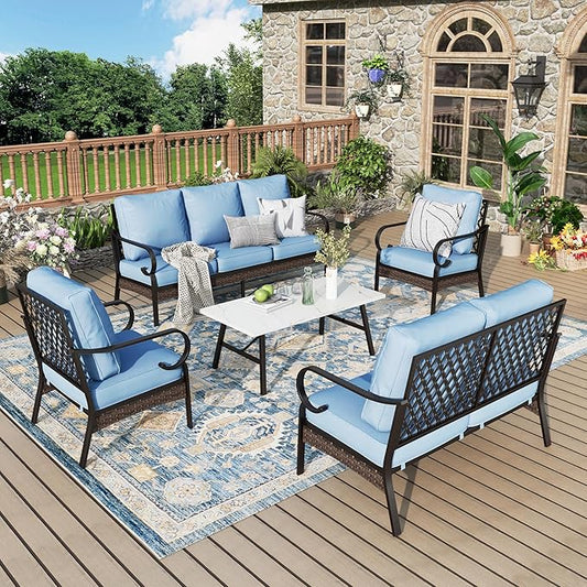 Patio Furniture Set with Coffee Table, Outdoor Conversation Set with 2 x Fixed Chairs, 1 x 2-Seat Sofa, 1 x 3-Seat Sofa for Lawn Garden Backyard, Blue