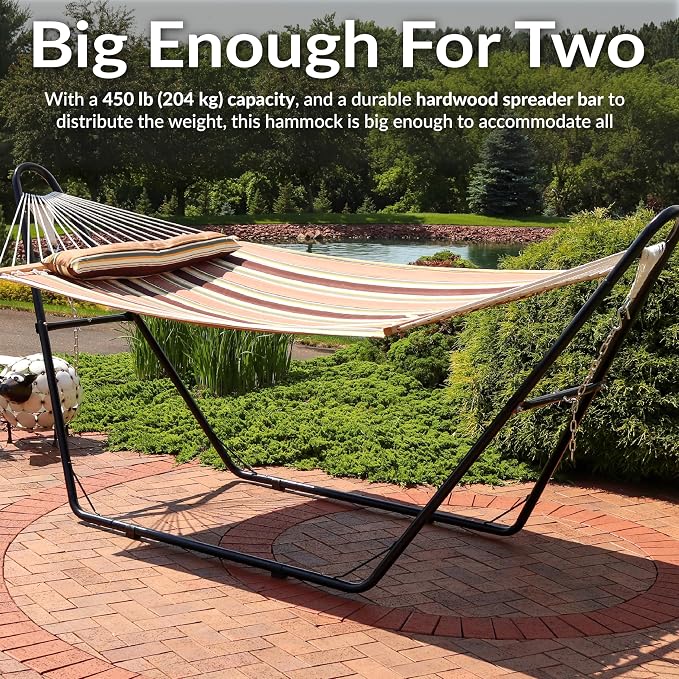 Sunnydaze Double Quilted Fabric Hammock with Universal Steel Stand - 450-Pound Capacity - Black Stand - Sandy Beach - Image 4