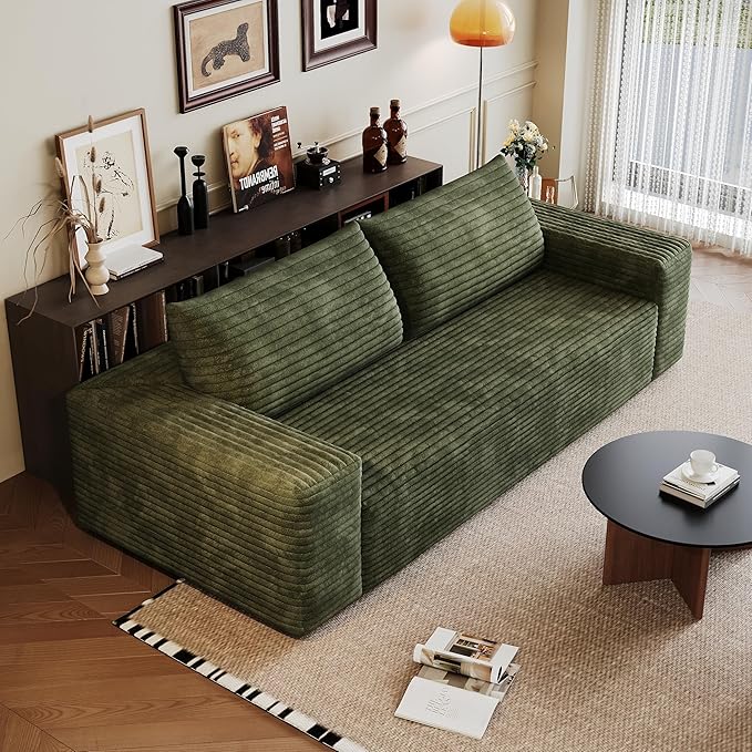 JINGLING 63" Small Couches for Small Spaces, Comfy Boneless Couch in a Box, Love Seat Compressed Sofa for Living Room Bedroom, Apartment Furniture, No Assembly, Corduroy, Green