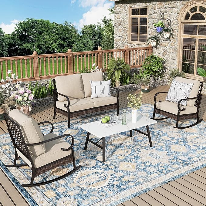 Patio Furniture Set with Coffee Table, Outdoor Conversation Set with 2 x Rocking Chair, 1 x 2-Seat Sofa for Lawn Garden Backyard, Beige