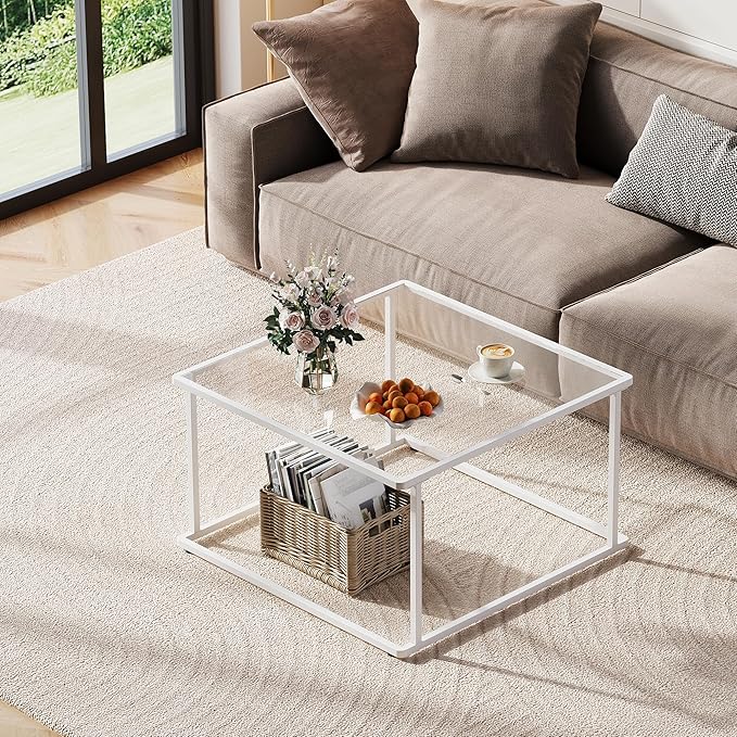 WLIVE Coffee Table, Glass Coffee Table for Living Room, Modern Small Coffee Table with Tempered Glass & Metal Frame, Square Center Table for Small Spaces Apartment, Office, 26.4 x 26.4in, White