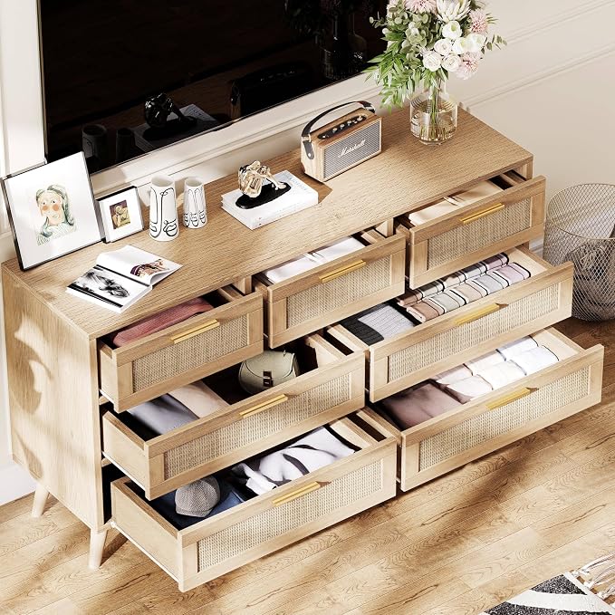 Rovaurx 7 Drawer Double Dresser for Bedroom, Rattan Chest of Dressers, Modern Wooden Dresser Chest with Golden Handles, Beside Table for Closet, Living Room and Entryway, Natural RDG004M - Image 4