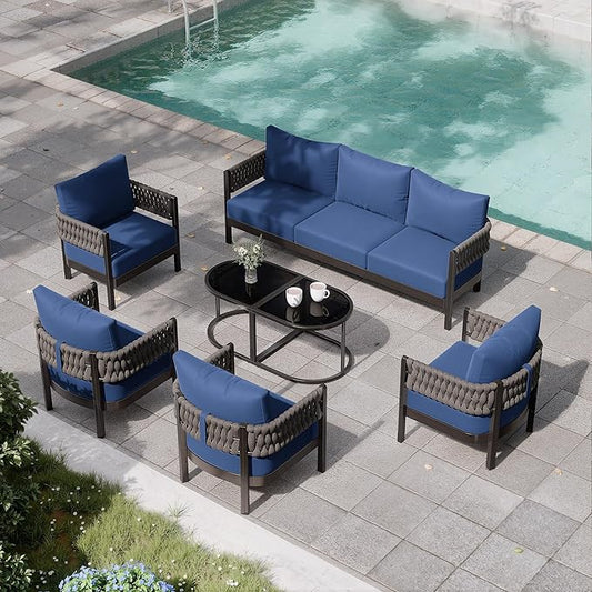 Aluminum Patio Furniture Set,7 Pieces HDPE Rope Patio Conversation Sets with Modular Coffee Table,Metal Outdoor Sectional Furniture w/5.9" Thick Cushions for Porch,Deck,Backyard,Navy Blue