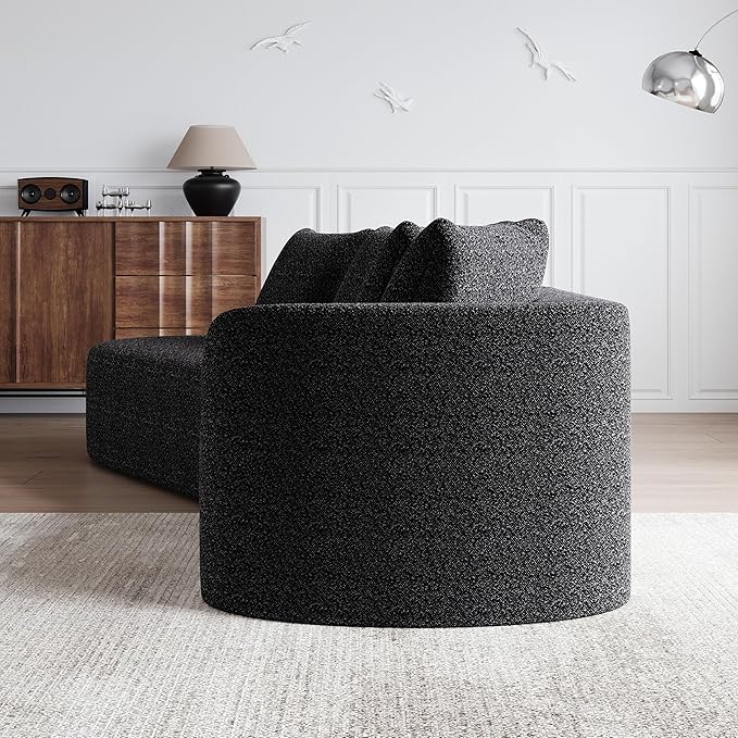 112" Modern Cloud Sectional Sofa, Chenille 4-Seater Curved Couch with 4 Pillows, Extra Deep & Wide Seat, No-Assembly Compressed Upholstered Living Room Sofa for Bedroom,Apartment,Black Right