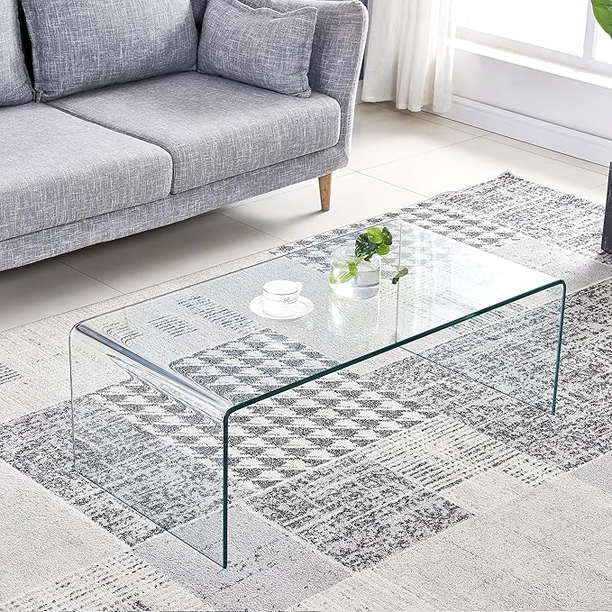 Tempered Glass Coffee Table, Small Clear Modern Coffee Tables with Rounded Edges Bent Home Office Furniture,Glass Sofa End Table 39.4" x 19.7" x 13.8"H