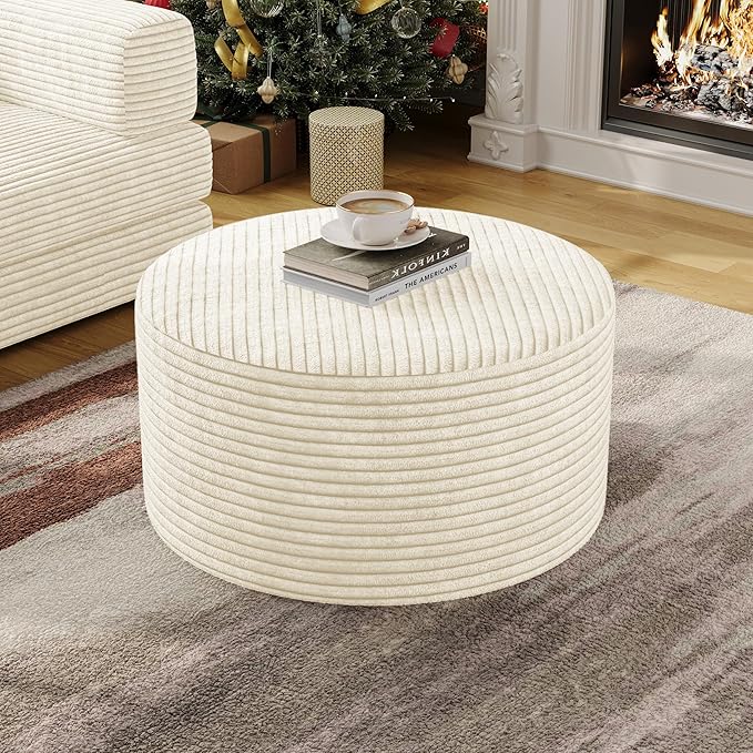 Coffee Table 32”Ottoman for Couch Plush Corduroy Memory Foam Footstool Cloud Boneless Sectional for Living Room Round Side Table Cushiong No Assembly Makeup Desk (Beige, 32")