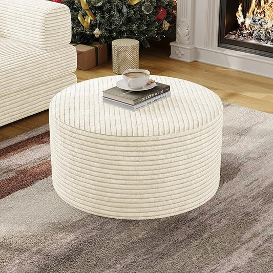 Coffee Table 32”Ottoman for Couch Plush Corduroy Memory Foam Footstool Cloud Boneless Sectional for Living Room Round Side Table Cushiong No Assembly Makeup Desk (Beige, 32")