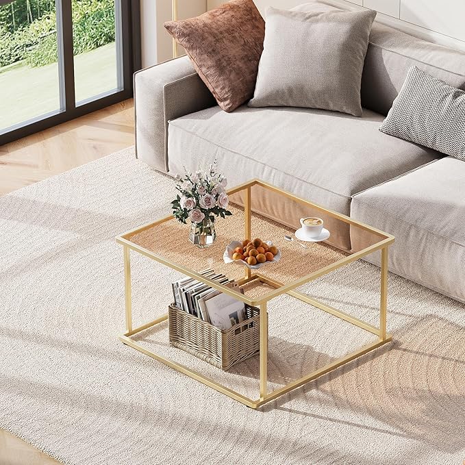 WLIVE Coffee Table, Glass Coffee Table for Living Room, Modern Small Coffee Table with Tempered Glass & Metal Frame, Square Center Table for Small Spaces Apartment, Office, 26.4 x 26.4in, Gold