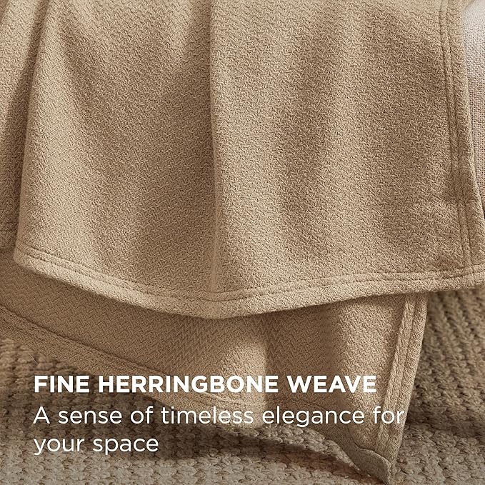 Bedsure GentleSoft 100% Cotton Blanket Full Size for Bed - Breathable and Lightweight, Soft Cozy Textured Herringbone Woven Blanket for Summer Spring, Linen Beige, 80x90 inches