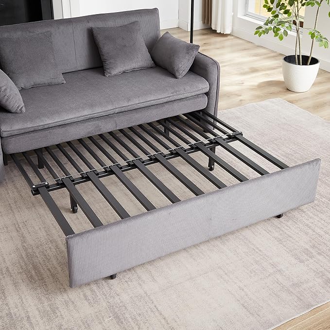 Ball & Cast 66" Convertible Sofa Bed,3-in-1 Corduroy Loveseat Sleeper Pull Out Couch Bed with Pillows and Side Pockets, Deep Seat Comfy Sofa Couches for Living Room,Apartment,Grey