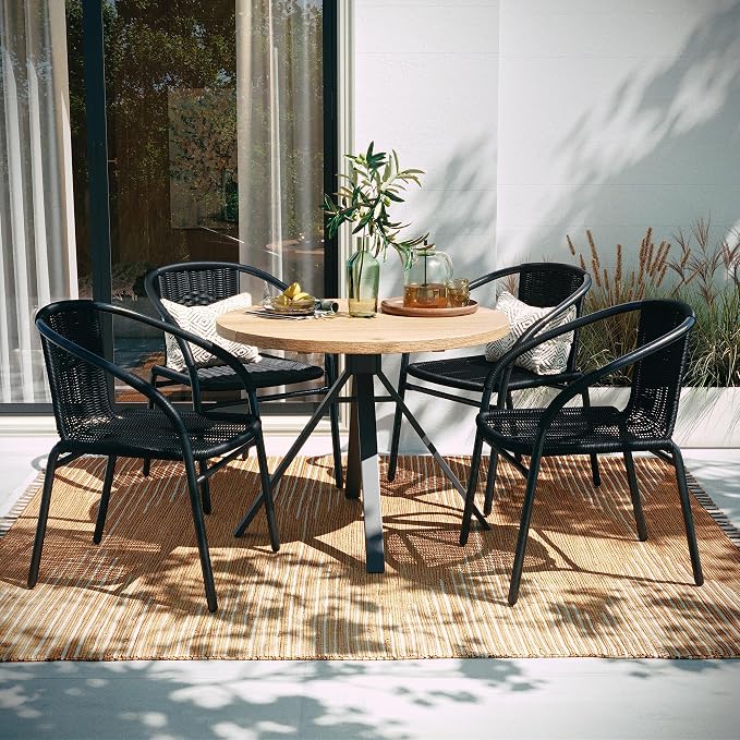 EMMA + OLIVER Set of 4 Modern Rattan Indoor/Outdoor Stack Chairs, Stacking Rattan Patio Chairs with Curved Back and Cross Bracing, Black by EMMAOLIVER