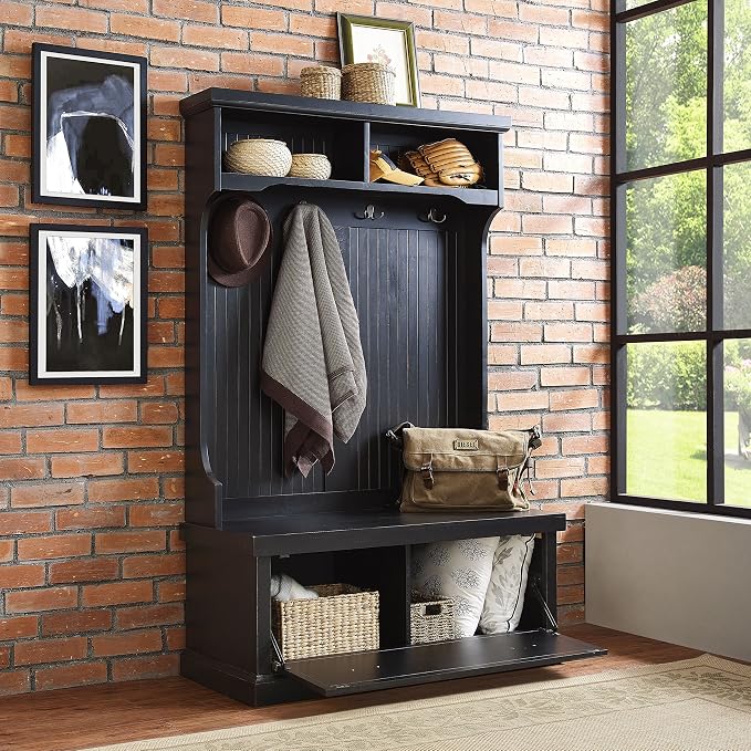Crosley Furniture Seaside Hall Tree with Shoe Rack Bench and Hooks for Hanging Storage, Distressed Black - Image 7