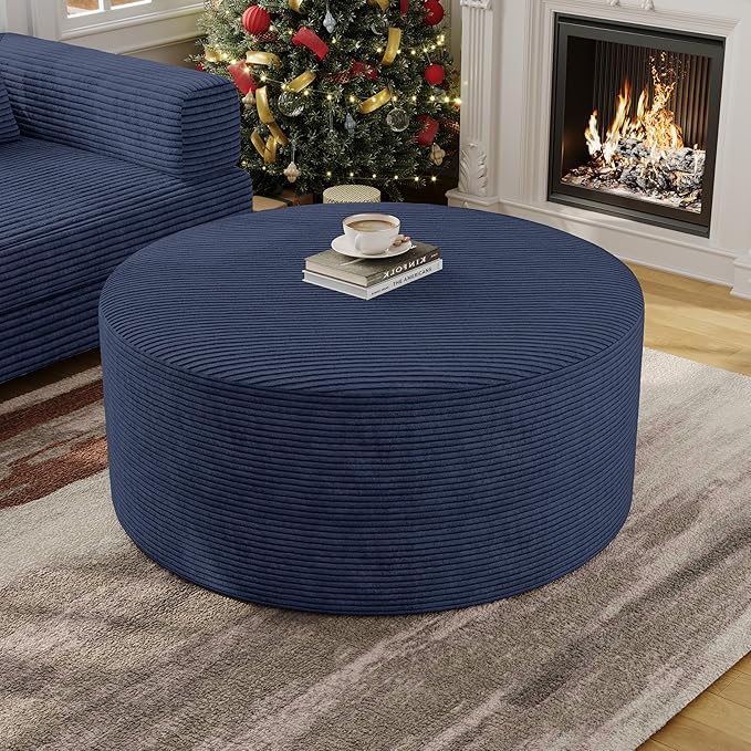 Coffee Table Round Ottoman with High-Resilience Foam Support, Oversized Modular Sectional Sofa Stool for Living Room, Bedroom & Small Spaces, No Assembly Footrest No Assembly (Blue, 32")