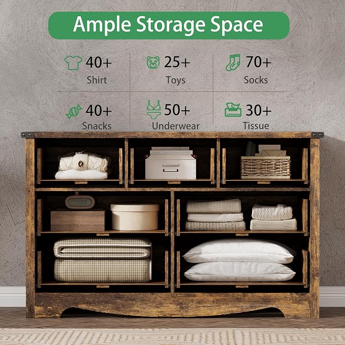 Dresser for Bedroom with 7 Drawers, 48" Wide Wood Chest of Drawers with Deep Drawers & Mental Handle, Modern Dresser TV Stand, Wooden Closet Storage Organizer for Living Room, Hallway, Entryway, Brown - Image 4