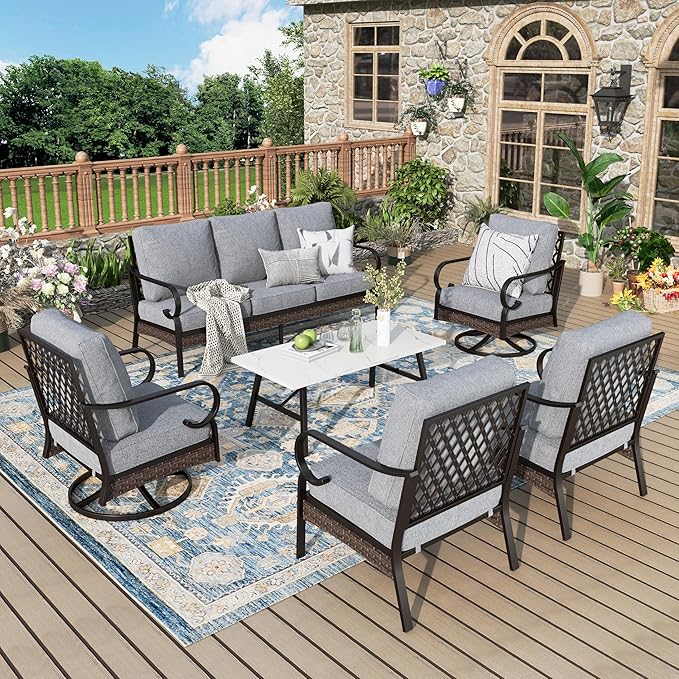 Patio Furniture Set with Coffee Table, Outdoor Conversation Set with 2 x Fixed Chairs, 2 x Swivel Chairs, 1 x 3-Seat Sofa for Lawn Garden Backyard, Grey