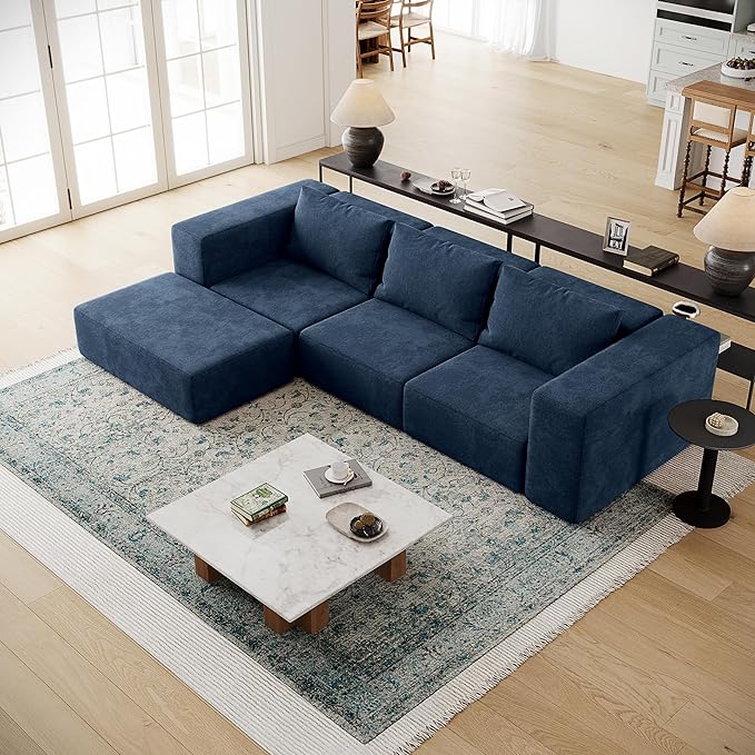 Acanva Oversized Modular Sectional Sofa with Removable Washable Slipcovers, Modern Low Profile Deep Seat Couch for Living Room, Chenille-Royal Blue, 3 Armless Chairs & 3 Armrests/Ottomans