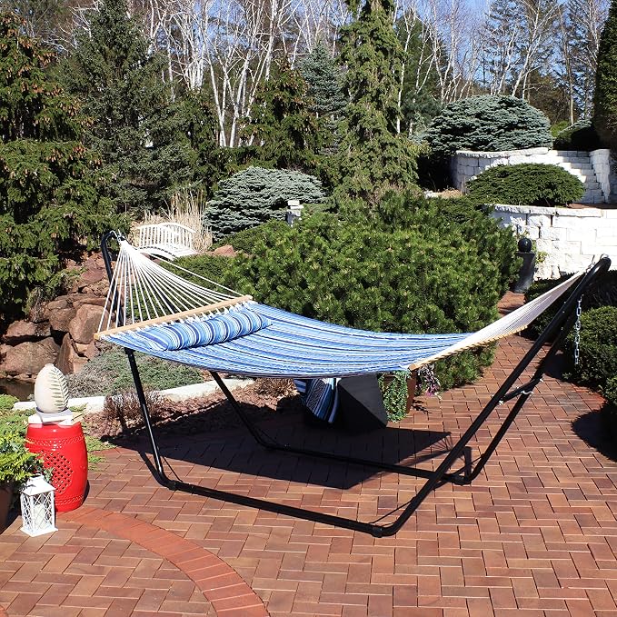 Sunnydaze Double Quilted Fabric Hammock with Universal Steel Stand - 450-Pound Capacity - Black Stand - Catalina Beach - Image 8