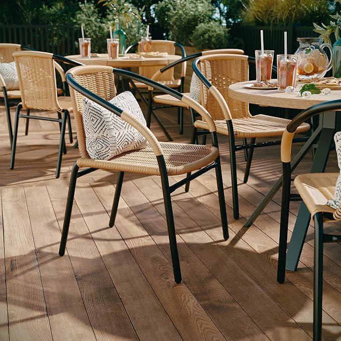 EMMA + OLIVER Set of 4 Modern Rattan Indoor/Outdoor Stack Chairs, Stacking Rattan Patio Chairs with Curved Back and Cross Bracing, Beige - Image 4