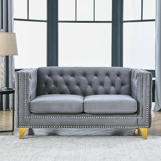 KEIKI Tufted Velvet 2 Seat Sofa Couch for Living Room, Buttons Tufted Square Arm Couch for Home Apartment, Gray